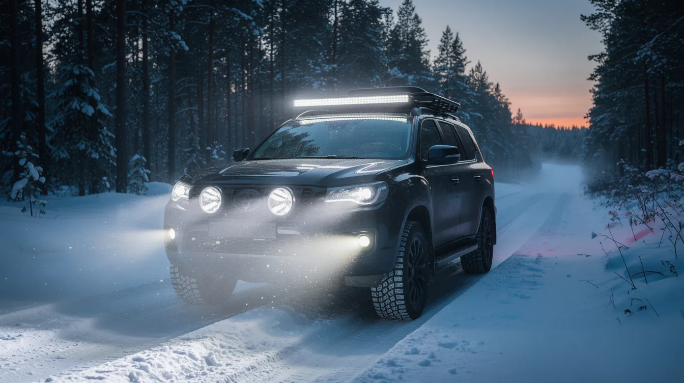 Offroad 4x4 med flera aktiva LED-extraljus och ramp styrda via flerkanals manöverpanel – spotlights och LED-ramp tända separat i svenska vinterförhållanden
