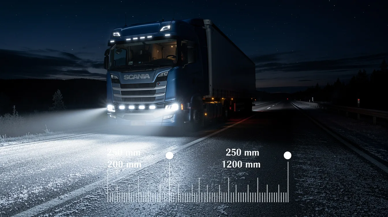 Korrekt monteringshöjd för LED-extraljus på lastbil enligt svenska Transportstyrelsens regler – fjärrstrålkastare monterade mellan 250 mm och 1200 mm från marken för optimal ljusbild och säker körning