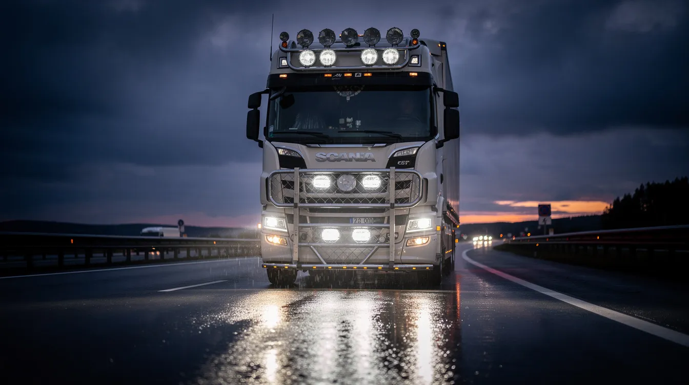 Multivolt LED-extraljus monterade på en tung lastbil som fungerar stabilt i både 12V och 24V elsystem på svenska vägar