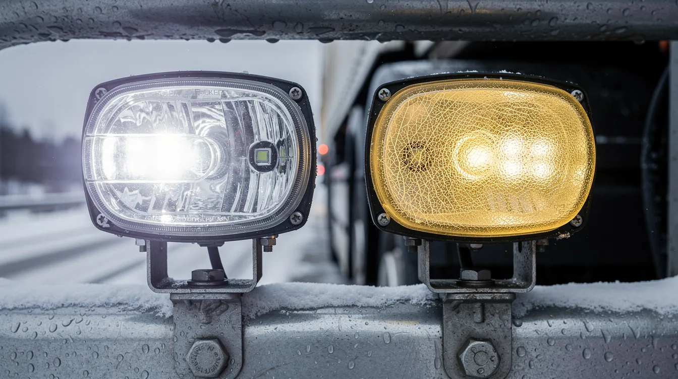 Jämförelse av ren kontra degraderad polykarbonat lins på LED extraljus monterat på lastbil – tydlig skillnad i ljusprestanda och optikkvalitet