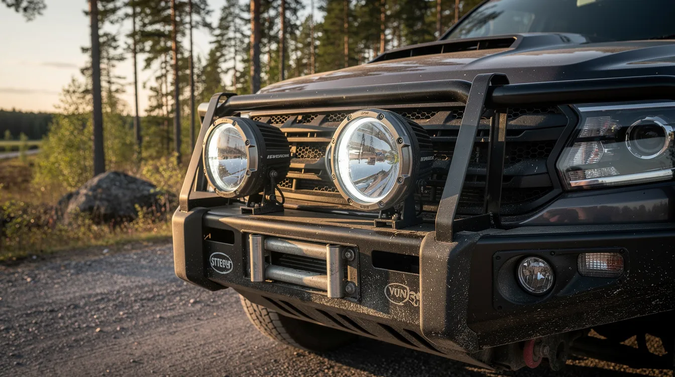 Polykarbonatglas och stenskottsgaller monterat på LED-extraljus på offroad-fordon – skyddar mot stenskott på svenska grusvägar