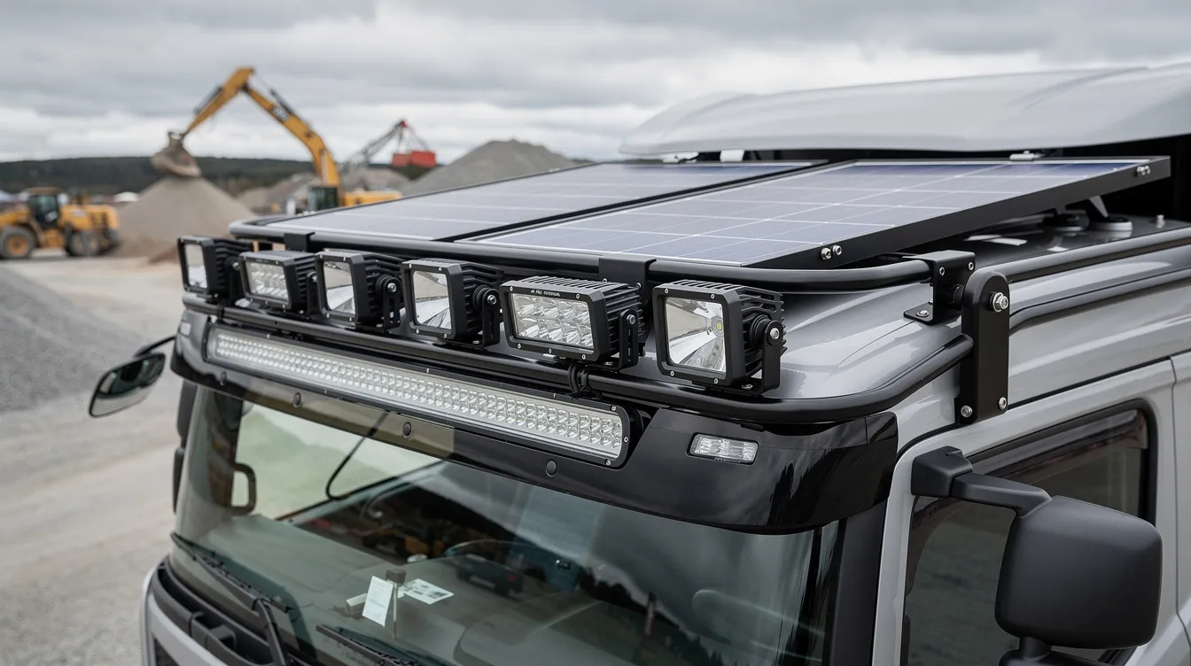 Närbild på solpaneler och LED-arbetsljus monterade på lastbilstak för energieffektiv och självförsörjande belysningslösning på entreprenadfordon