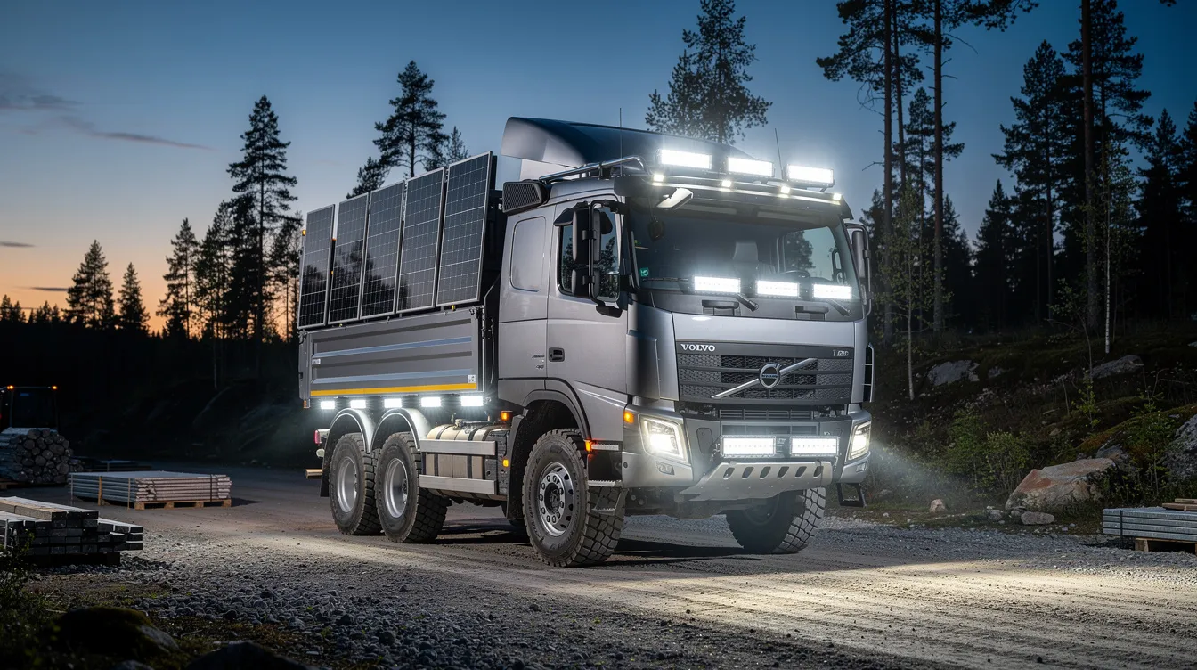 Lastbil utrustad med LED-arbetsljus och solceller monterade på taket för självförsörjande belysning på avlägsen arbetsplats i Sverige