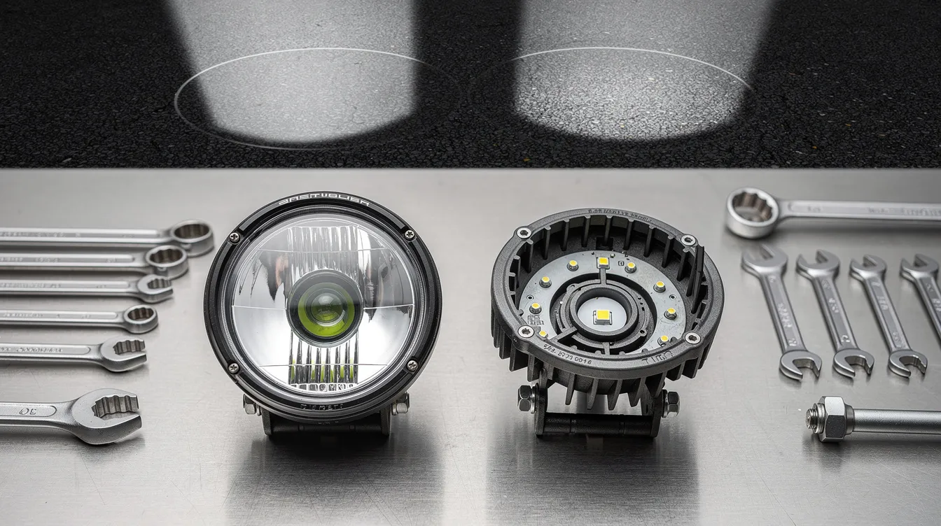 Inre konstruktion av TIR-optik i LED-extraljus jämfört med traditionell reflektor – teknisk genomskärning för fordon och lastbilar