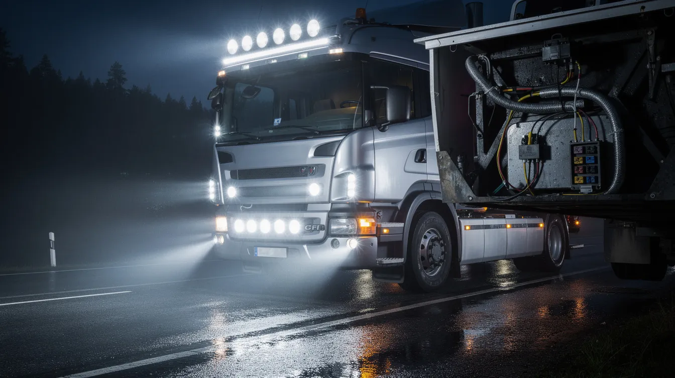 Trippel LED-ljusbåge monterad på lastbil med parallellkopplat elsystem – visar zonindelad ljusdistribution på mörk svensk landsväg