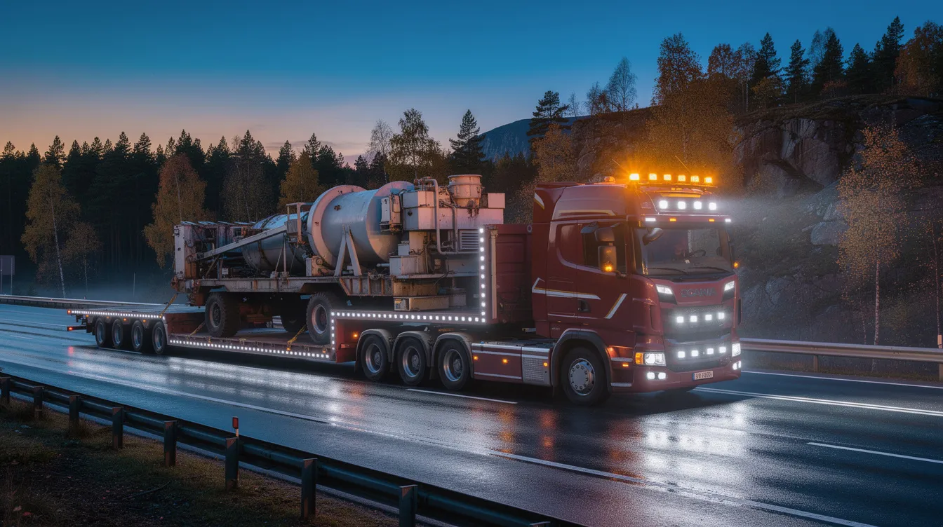 Överdimensionerad lastbilstransport med amber LED-varningsljus och konturljus monterade enligt Trafikverkets krav och ECE R48-reglemente på svenska vägar
