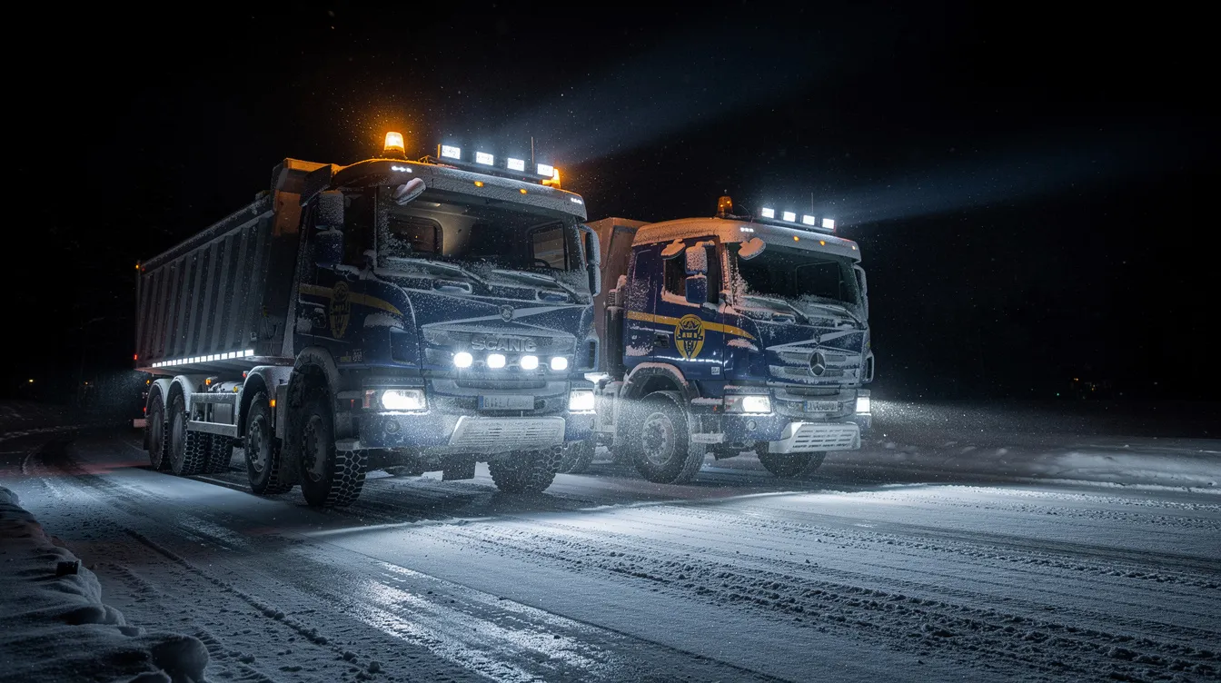 Komplett LED-belysningssystem med zonindelning på lastbil och arbetsfordon – extraljus, arbetsljus och varningsljus monterade i fyra zoner för maximal säkerhet vid mörker och vinterväglag i Sverige