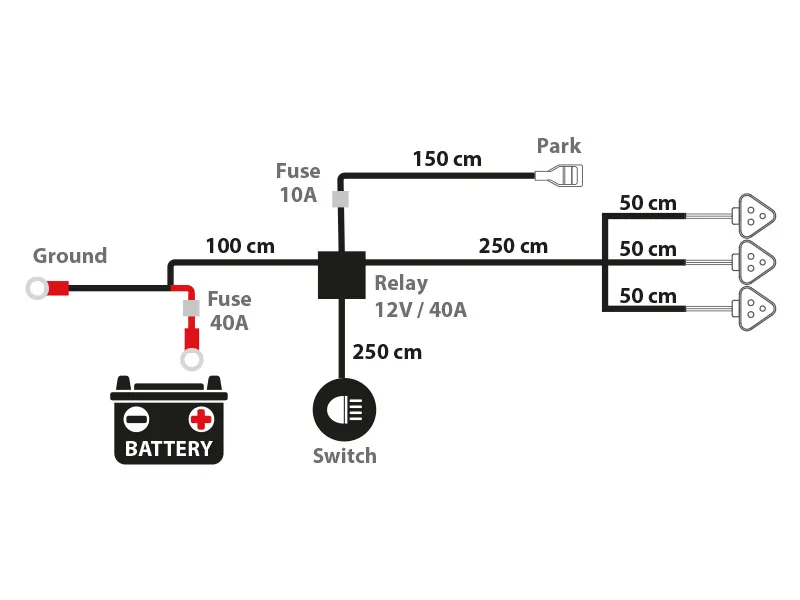 Kabelsats DT med Deutsch-kontakter 12V 40A för 3 extraljus med parkeringsljusfunktion - Ledextraljus.eu