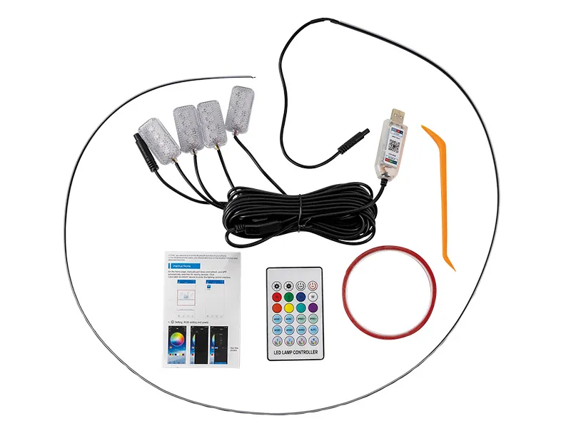 LED RGB Innerbelysning Set - USB-Styrd med Fjärrkontroll och App - 4 Fotbrunnslampor + 110cm Ljuslist - Bild 4